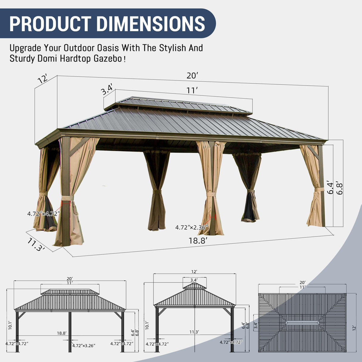 12' x 20' Hardtop Gazebo Outdoor Aluminum Gazebos with Galvanized Steel Double Canopy for Patios Deck Backyard,with Curtains&Netting by domi outdoor living Brown domi outdoor living