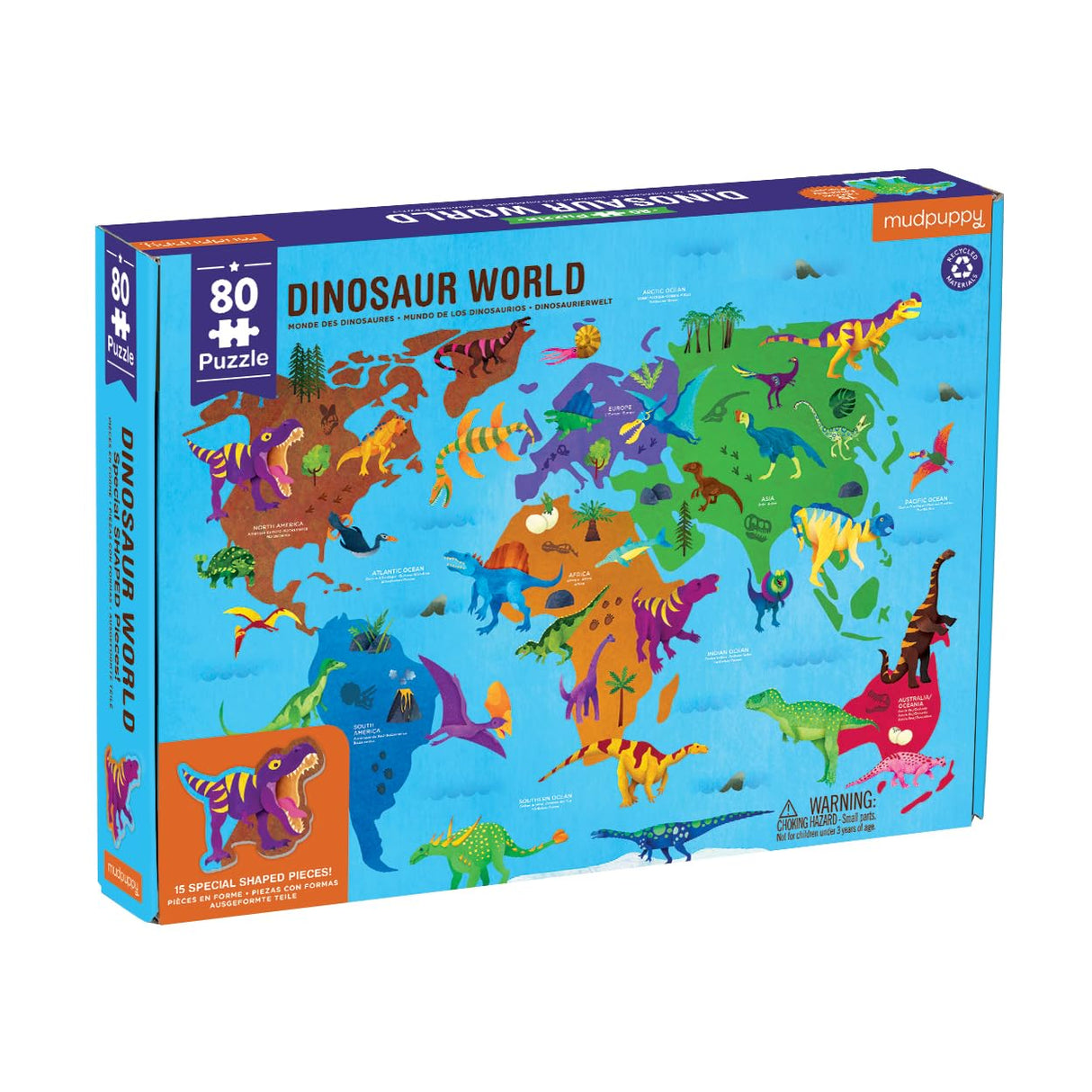 Mudpuppy Dinosaur World – 80 Piece Geography Puzzle with Dino Shaped Pieces Featuring a Variety of Dinosaurs and Where They Used to Live on Earth Mudpuppy