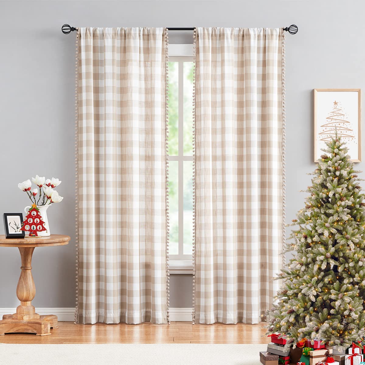 Treatmentex Pompom Buffalo Plaid Curtains 45" Kitchen Curtains Rustic Farmhouse Tan and White Check Curtain Panels for Small Windows Basement Bathroom Rod Pocket 2pcs Treatmentex