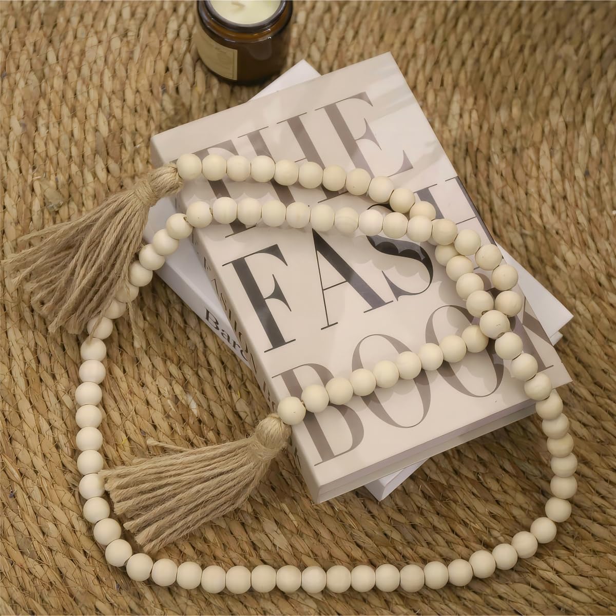 WORLDLYDA Wood Bead Garland with Tassels 58in/32in Farmhouse Wood Beads Rustic Country Decor Prayer Boho Beads Versatile Wall Hanging Home Deco (Natural 58in) Fashion Modern WORLDLYDA