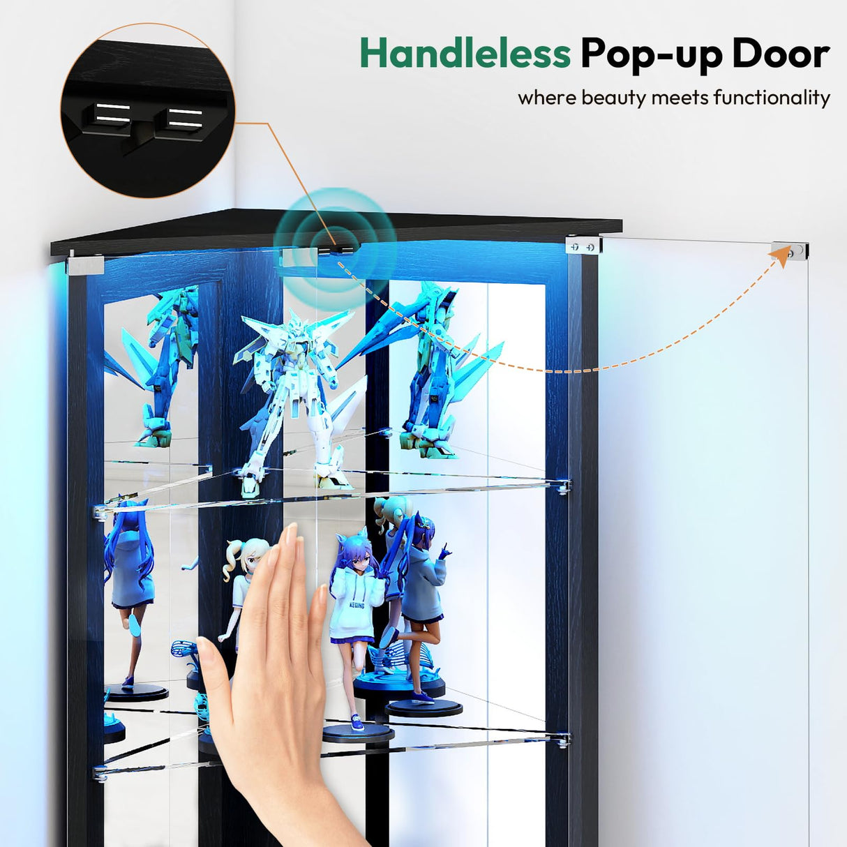 Lamtor 72" Corner Display Cabinet with Glass Doors, 6-Tier Showcase Curio Cabinet for Collectibles with Dynamic LED Lights, Modern Display Case for Living Room, Black Lamtor