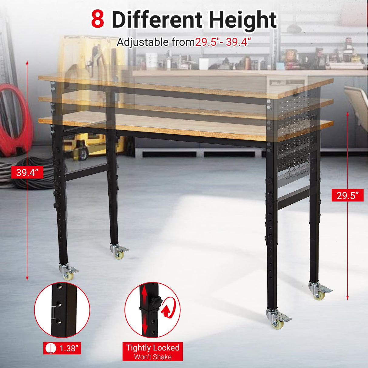 48" Adjustable Workbench,2000 Lbs Capacity Heavy Duty Rubber Wood Work Table with Wheels & Pegboard, 29"-40" Height Adjustable for Garage Workshop, Office Home Commercial Use TROPOW