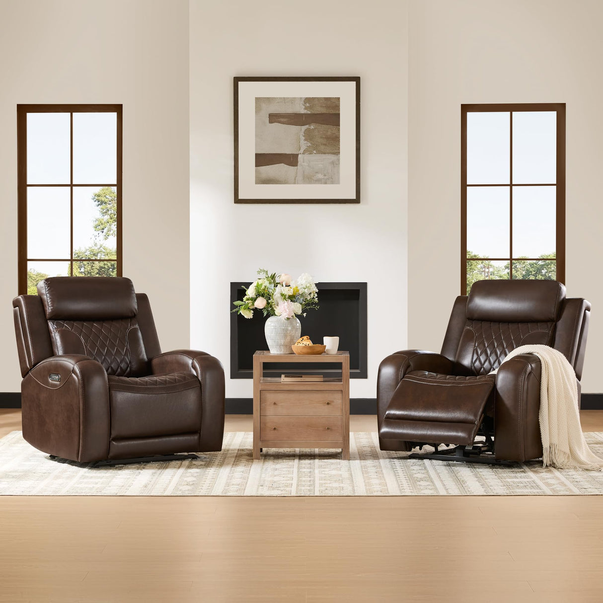 CHITA Genuine Leather Recliner Chair for Adults with Adjustable Power Headrest, Lay Flat Power Recliner with Slide-Out Cupholders & USB/Type-C Ports, Living Room Chair, Brown CHITA
