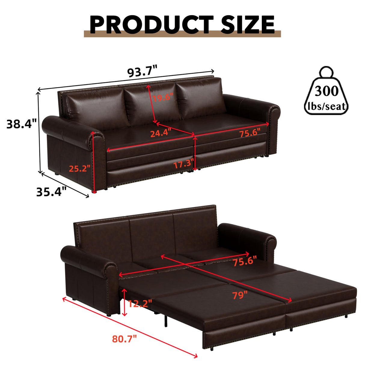 LuxyHoom 93.7" King Size Sleeper Sofa Bed, Pull Out Sofa Bed, Faux Leather Upholstery, 3 in 1 Convertible Sleeper Couch, Chaise Lounge, Retro Recliner for Living Room, Office, Apartment, Dark Brown LuxyHoom