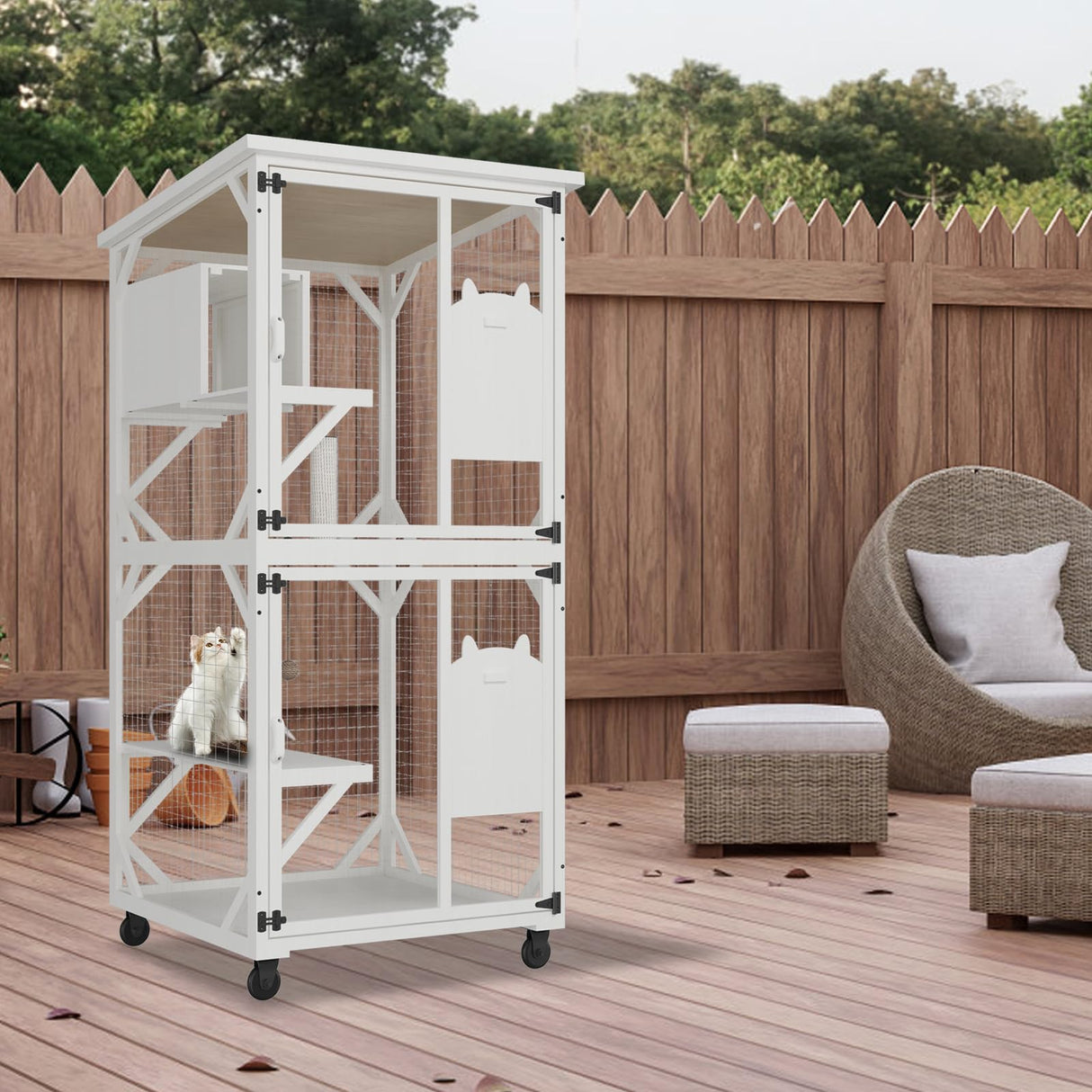 ROOMTEC Catio Outdoor Cat Enclosure - Large Wooden House with Roof, 71" H, 3 Jumping Platforms & 1 Napping House for Cats (White) ROOMTEC