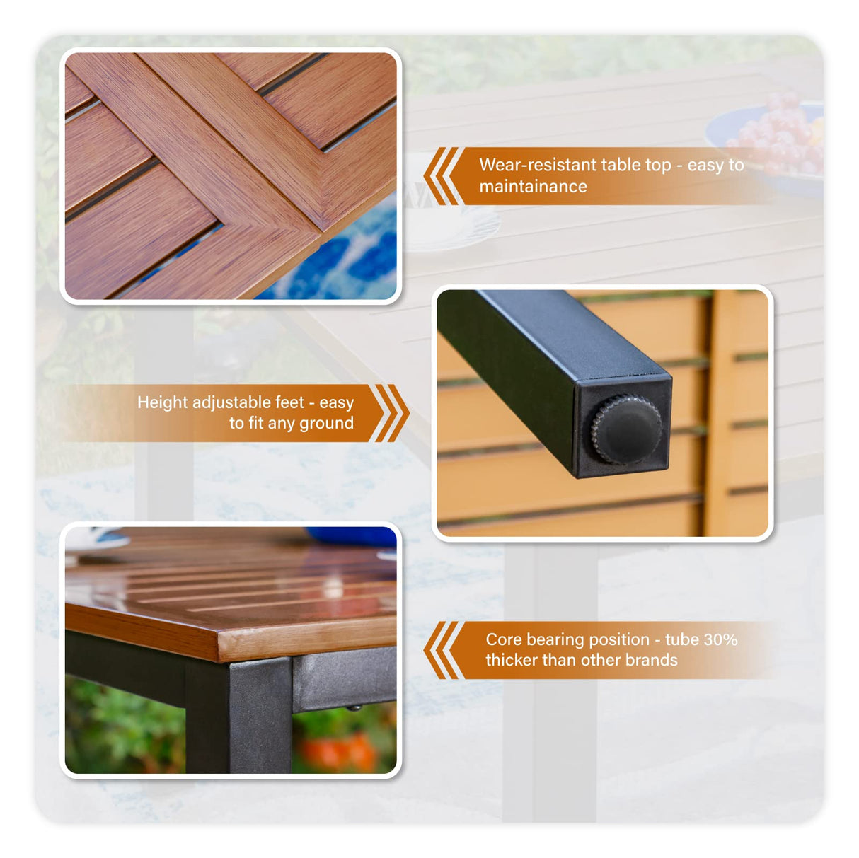 PHI VILLA 64" Rectangle Outdoor Dining Table, Patio Furniture Wood-Like Tabletop with Umbrella Hole for Patio Lawn Backyard Garden, Brown PHI VILLA