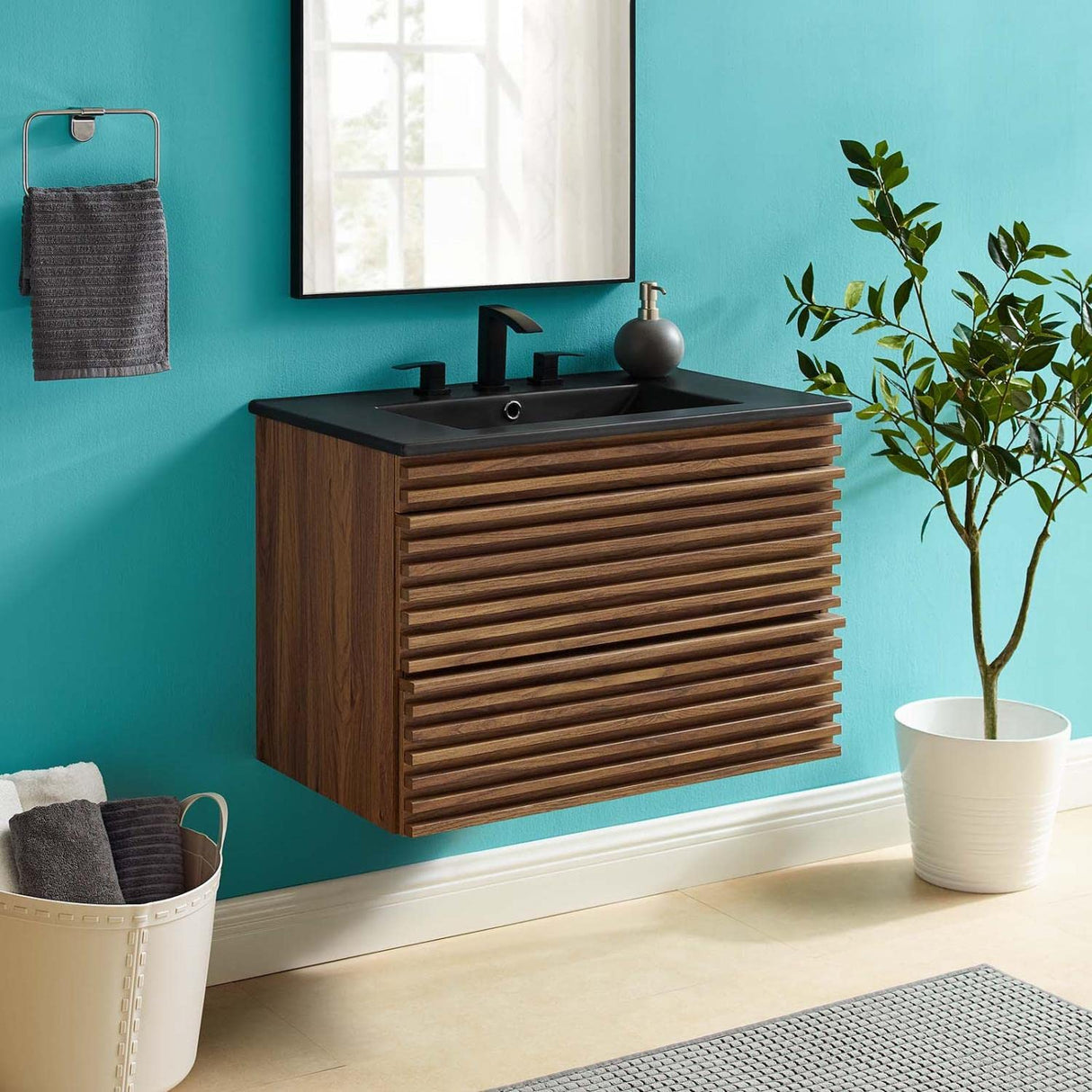 Modway Render 30" Wall-Mount Bathroom Vanity in Walnut Black Modway