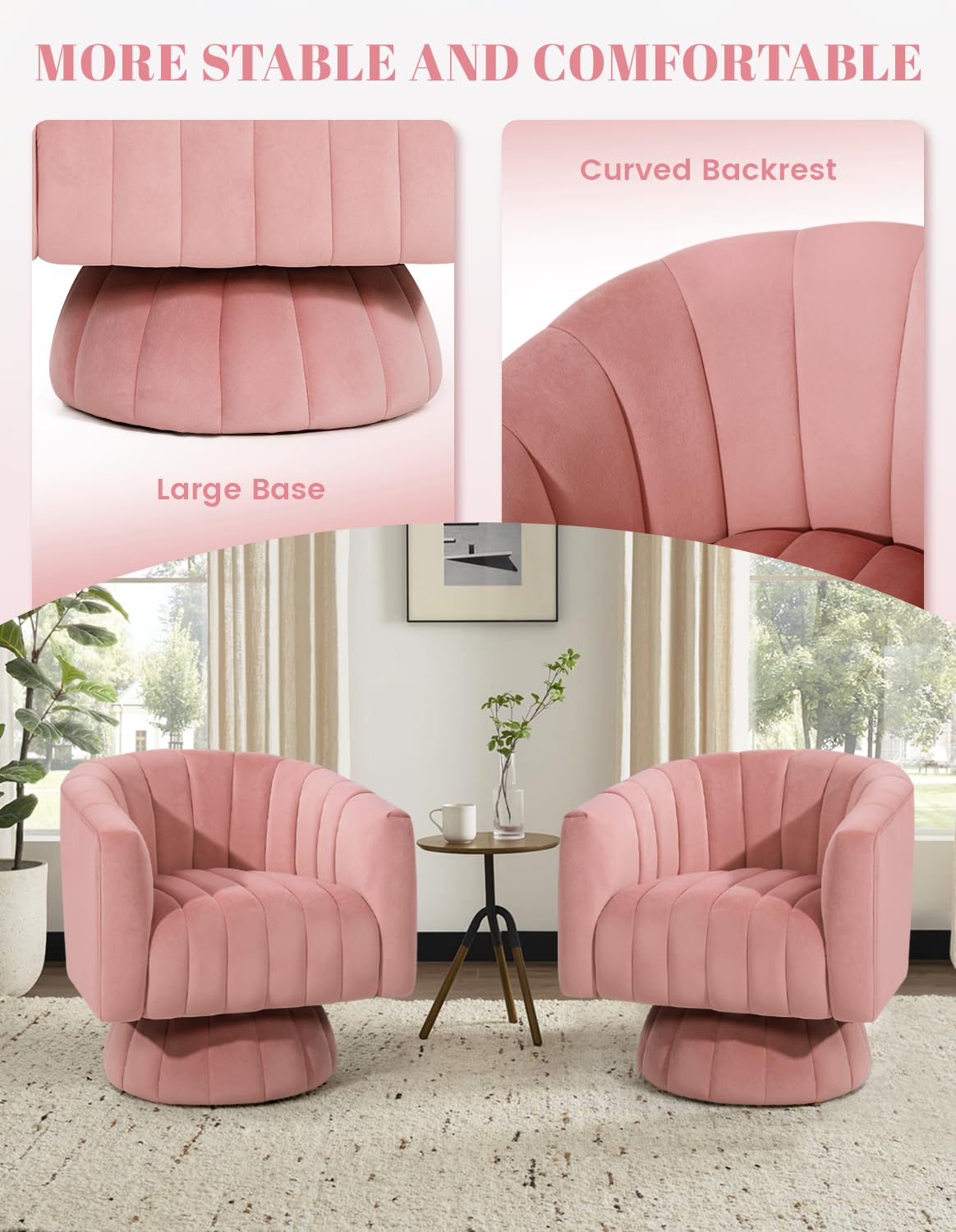 Kromax Accent Chair Mid Century 360 Degree Swivel Barrel Chair with Armrest, Overstuffed Tufted Velvet, Ideal for Living Room, Bedroom, Reading Room, Light Pink Kromax
