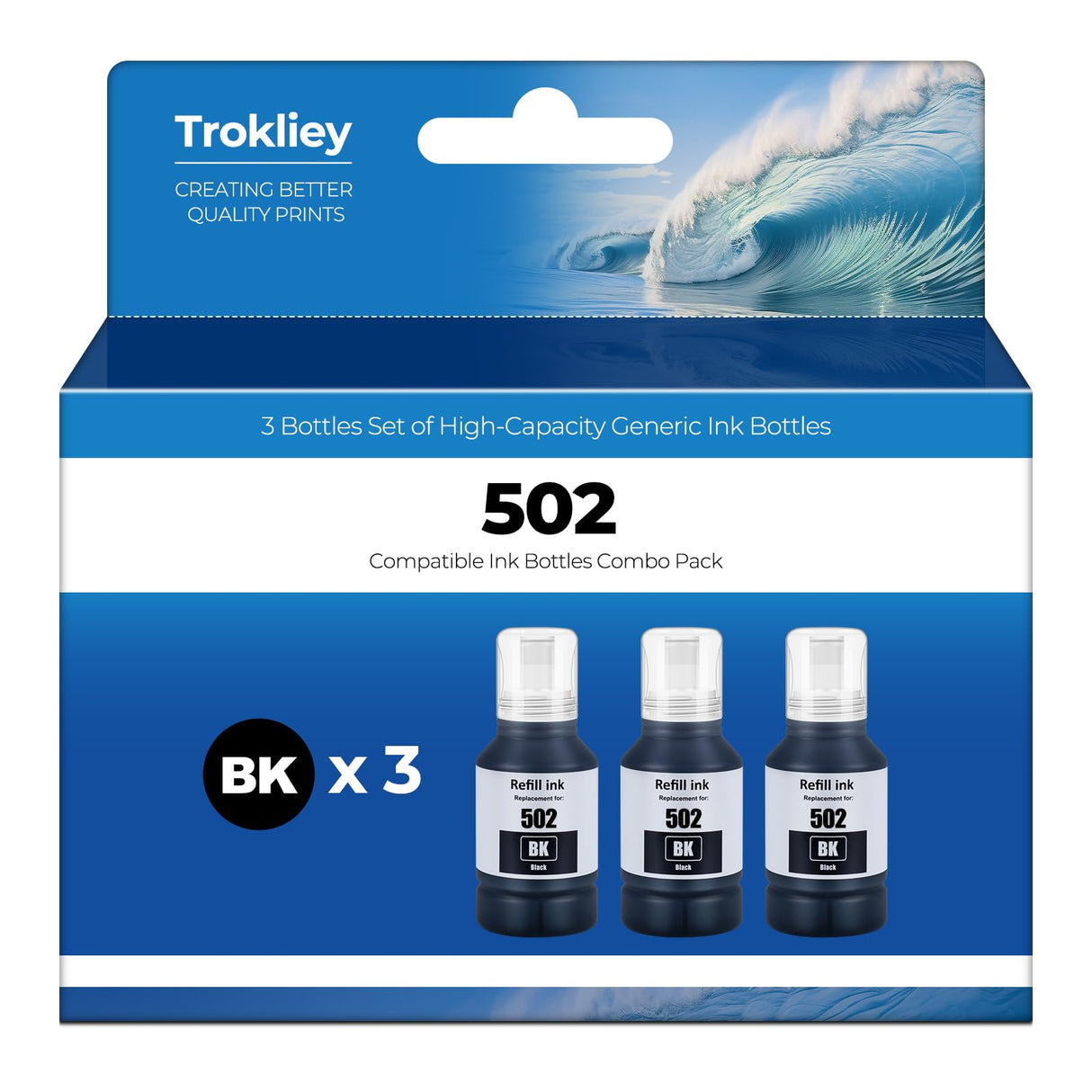 502 Black Ink ET-3850 ET-2850 ET-4850 Replacement for Epson 502 Ink Refill Bottles Black for Ecotank ET-4760 ET-3760 ET-2760 ET-3830 3760 ET2850 ET3850 ET4850 ET-2750 ET-3750 ET-4750 Printer, 3 Pack Trokliey
