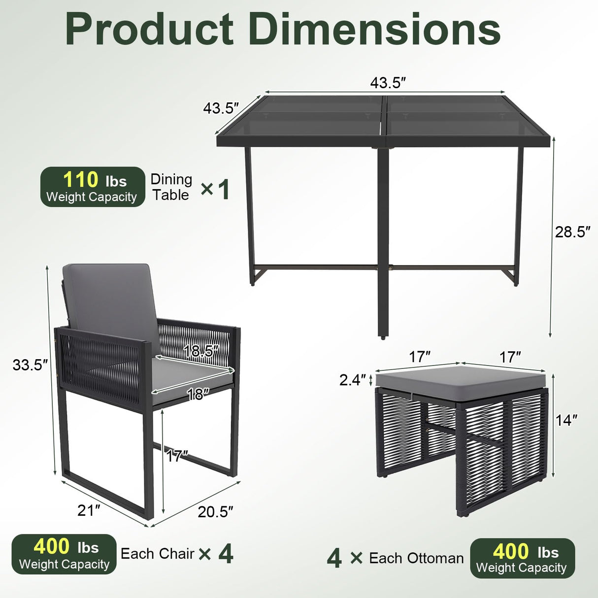 Tangkula 9 Pieces Patio Dining Set, Outdoor Space-Saving Furniture Set with PE Rattan Chairs, Tempered Glass Table and Ottomans, Outdoor Sectional Conversation Set with Cushions for Yard Tangkula