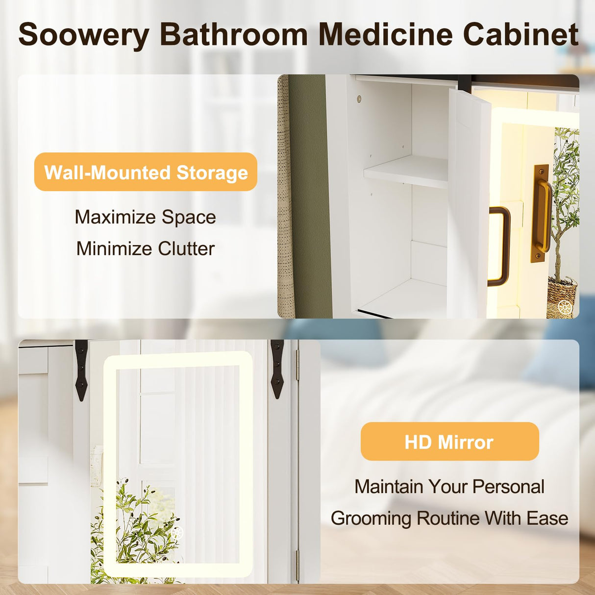 PAKASEPT Farmhouse Bathroom Wall Cabinet, Medicine Cabinet Mirror with LED Lights, Sliding Mirror and Adjustable Shelves,Storage Cabinet Wall Mounted Organizer for Bathroom, Kitchen Dining, White PAKASEPT