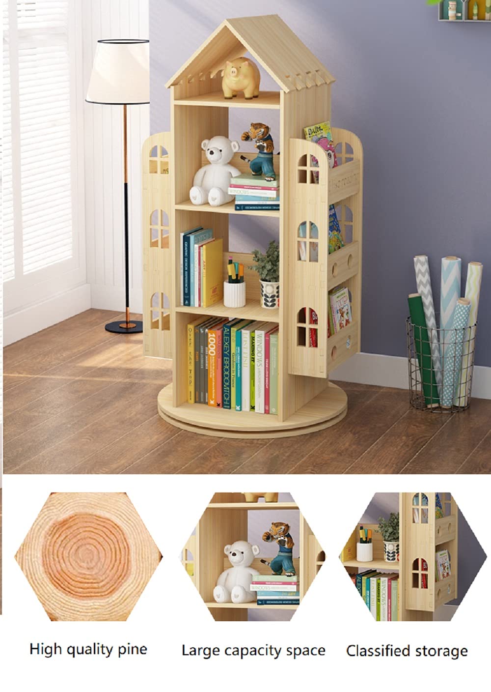Heehee 360° Rotating Wooden Bookshelf for Kids - Eco-Friendly Floor Stand Book Rack Heehee
