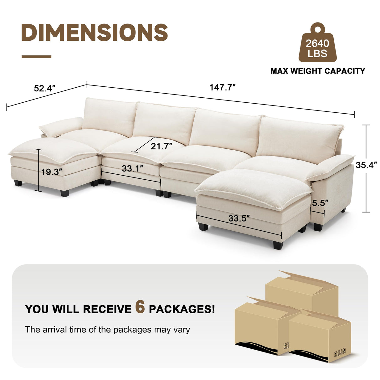 SUAWY 147 Inch Big Comfy Couch with Ottoman, 6 Seat U Shaped Couches, Cloud Modular Sectional Sofa, Modern Cloud Couch Sectionals, Sectional Couches for Living Room, Oversize Deep Seat Sofa, Beige SUAWY