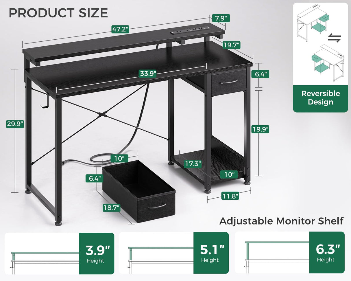 AODK Gaming Desk with LED Lights & Power Outlet, 48 Inch Computer Desk with Drawer, Reversible Desk with Adjustable Monitor Shelf & Headphone Hook for Home Office, Black AODK