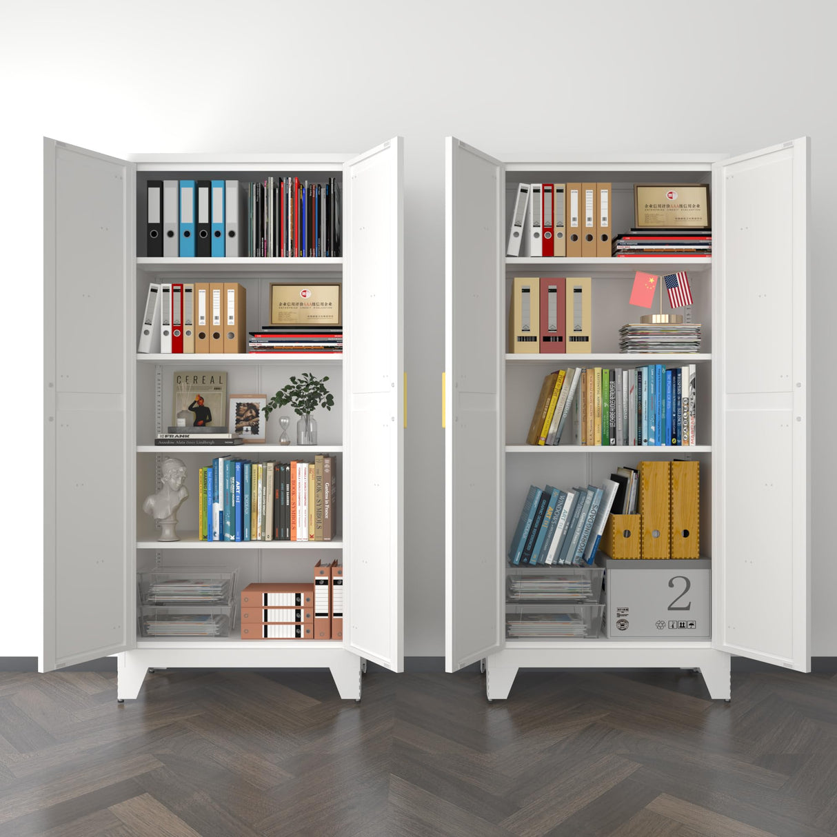 COFaR 5 Tier Metal Farmhouse Storage Cabinet with 2 Barn Door, 4 Adjustable Shelves and Legs, for Kitchen, Dining Room, Bathroom, Living Room, Office COFaR