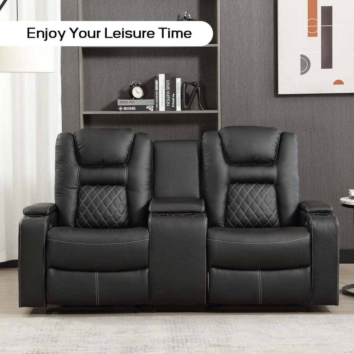 EBELLO Home Theater Seats, Faux Leather Movie Daul Recliner Chair with Console, Power Gaming Loveseat Sofa with Cup Holders and USB Charge EBELLO