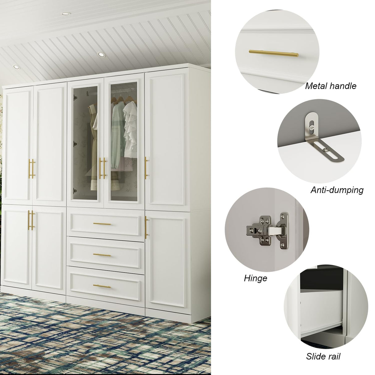 MOUMON Modern Wardrobe Cabinet with 8 Doors and Hanging Rods, White Wardrobe Armoire Closet with Gold Handles, Wardrobe with Glass Doors and 3 Drawers, for Bedroom Cloakroom, 19.3”D x 79.1”W x 74.8”H MOUMON