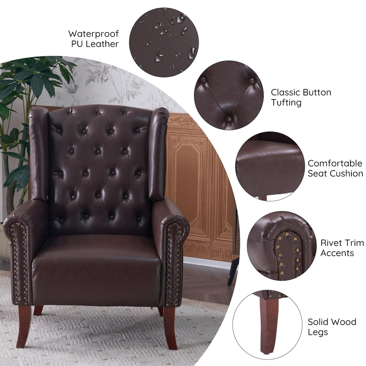 MOJAY Mid-Century Modern Living Room Chairs Set of 2, Upholstered Faux Leather Accent Chairs Club Arm Chair, Single Sofa Chair with Solid Wooden Legs for Bedroom Study Home Office Lounges(Caramel) MOJAY