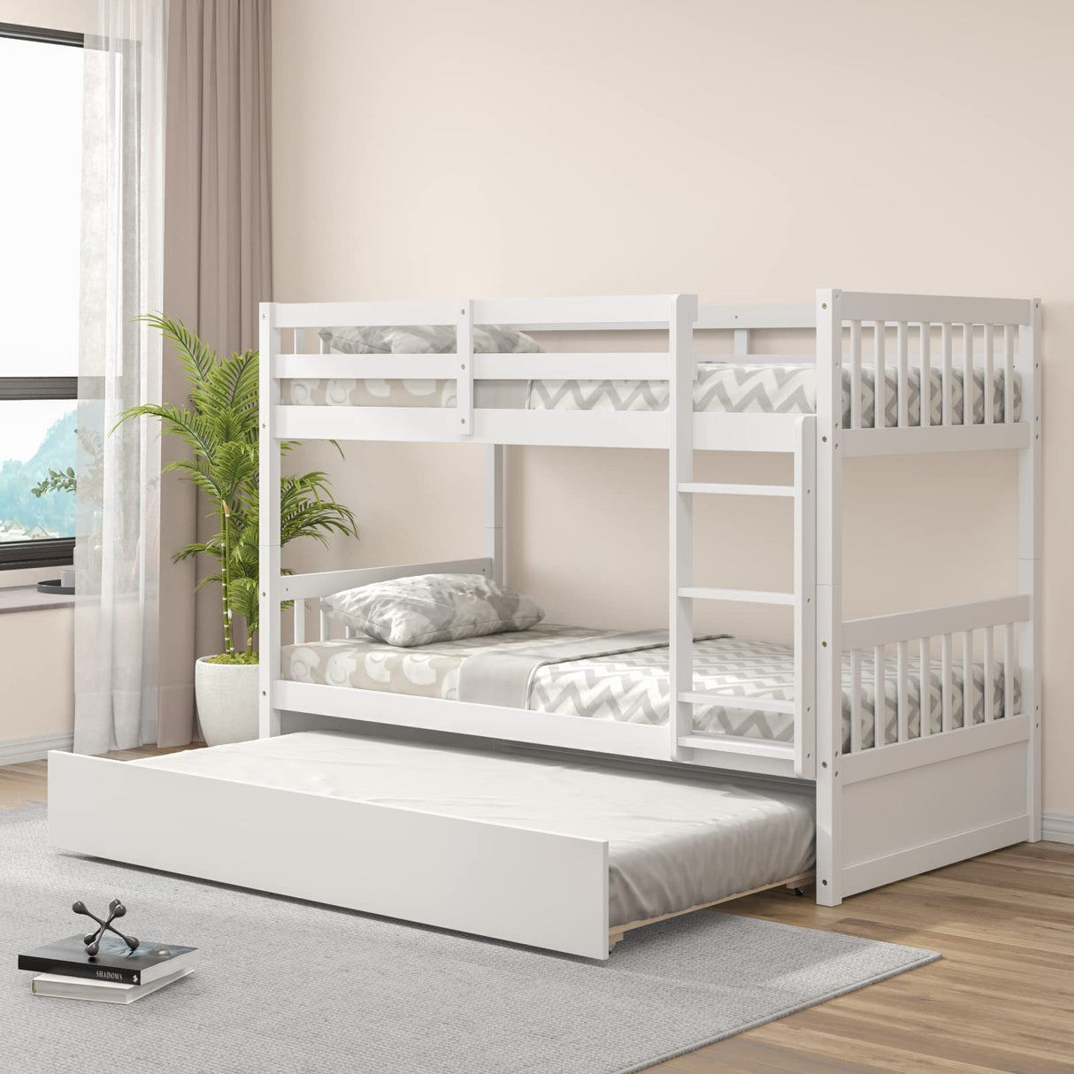 KOMFOTT Wood Twin Over Twin Bunk Bed with Trundle, Solid Pine Wood Bunk Bed Frame with Ladder & Safety Guardrails, Space-Saving Convertible Bunk Bed for Home & Dormitory, No Box Spring Needed KOMFOTT