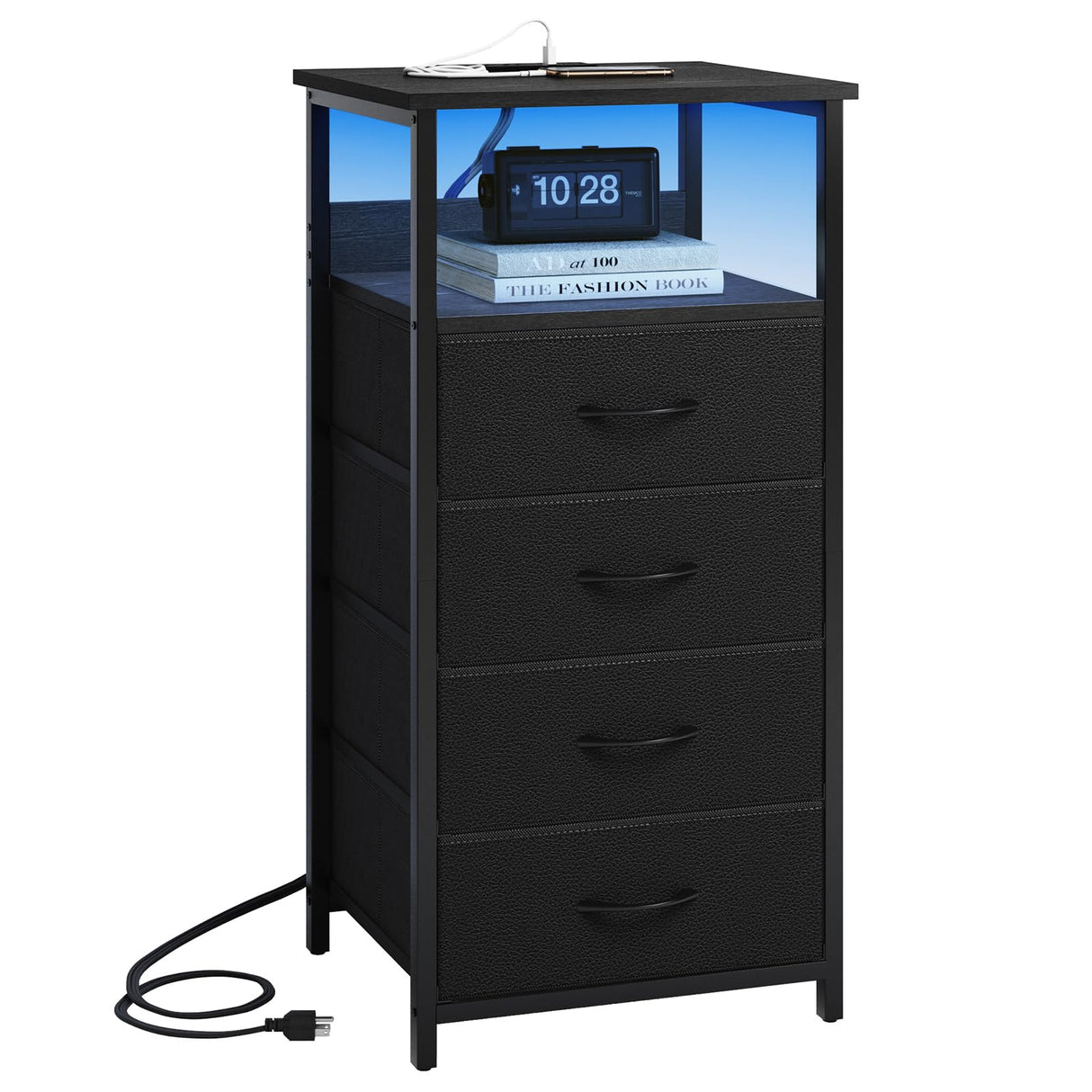 Fixwal Night Stand with Charging Station, LED Dresser for Bedroom Tall Nightstand with USB Ports and Outlets, 4 Fabric Storage Drawers with PU Finish, Bed Side Table, Black Fixwal