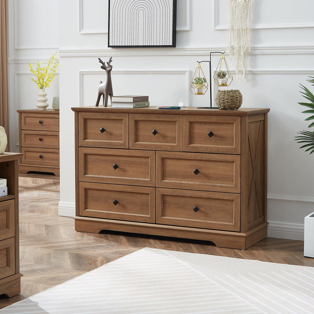NONGSHIM 7 Drawer Dressers, Farmhouse Dresser Chest of Drawer for Bedroom, Modern Wood Drawer Dresser with Charging Station, Chest of Drawers Storage Cabinet for Living Room, Entryway, Natural Oak NONGSHIM