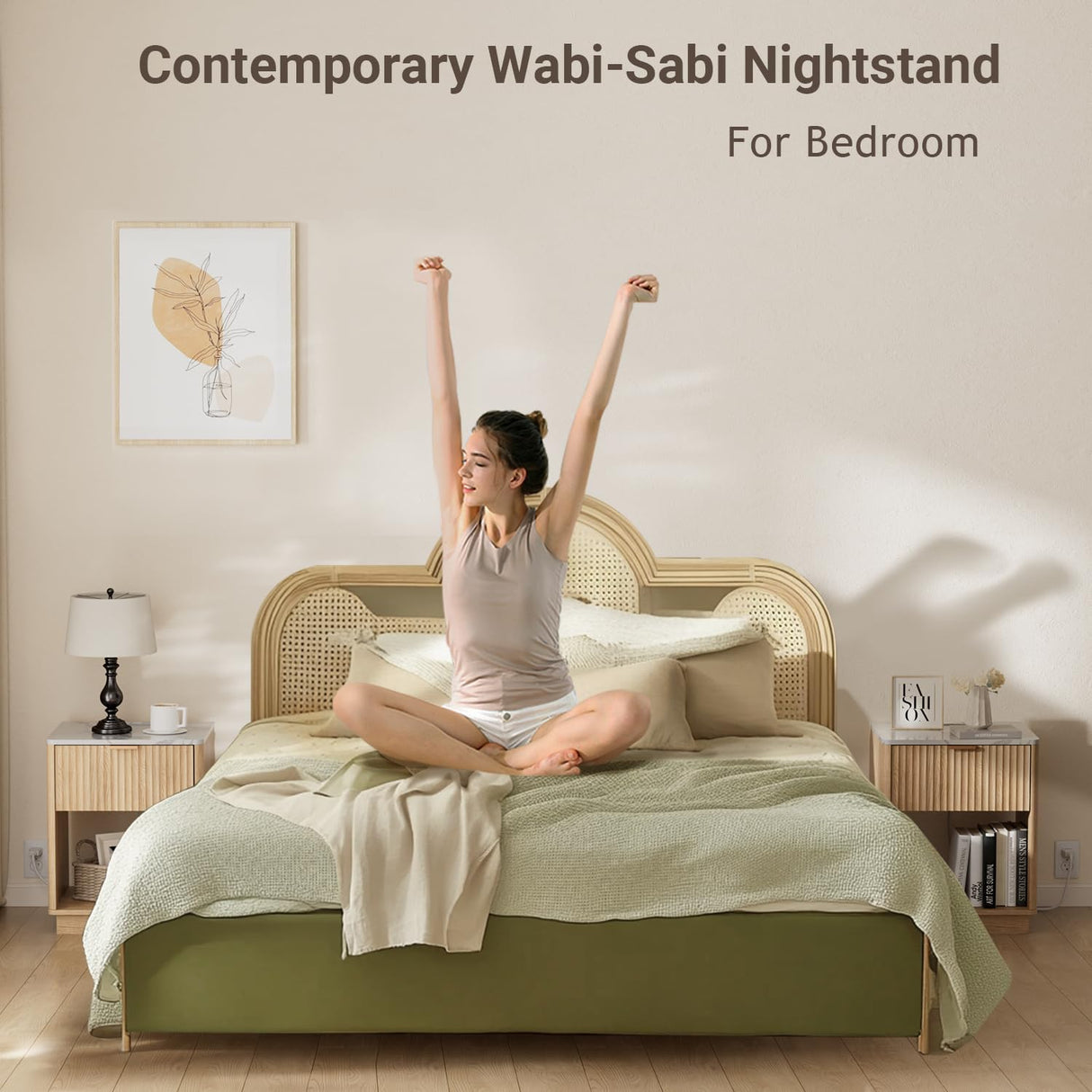 FavourLife Fluted Nightstand with Charging Station, 18" Side Table with Faux Stone Color Top, Mid Century Modern Night Stand Bedside Table with Drawer & Open Shelf for Bedroom Living Room, White Oak FavourLife