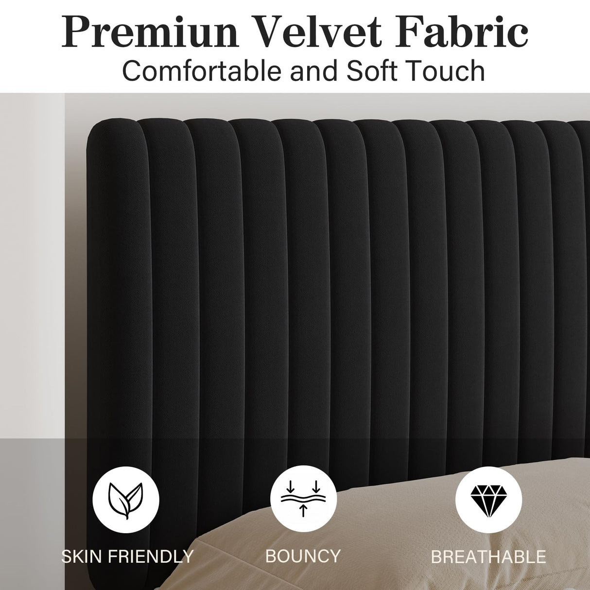 Twin Bed Frame, Velvet Upholstered Platform Bed with Vertical Channel Tufted Headboard and Footboard, No Box Spring Required, Easy Assembly, Black BarnFurin