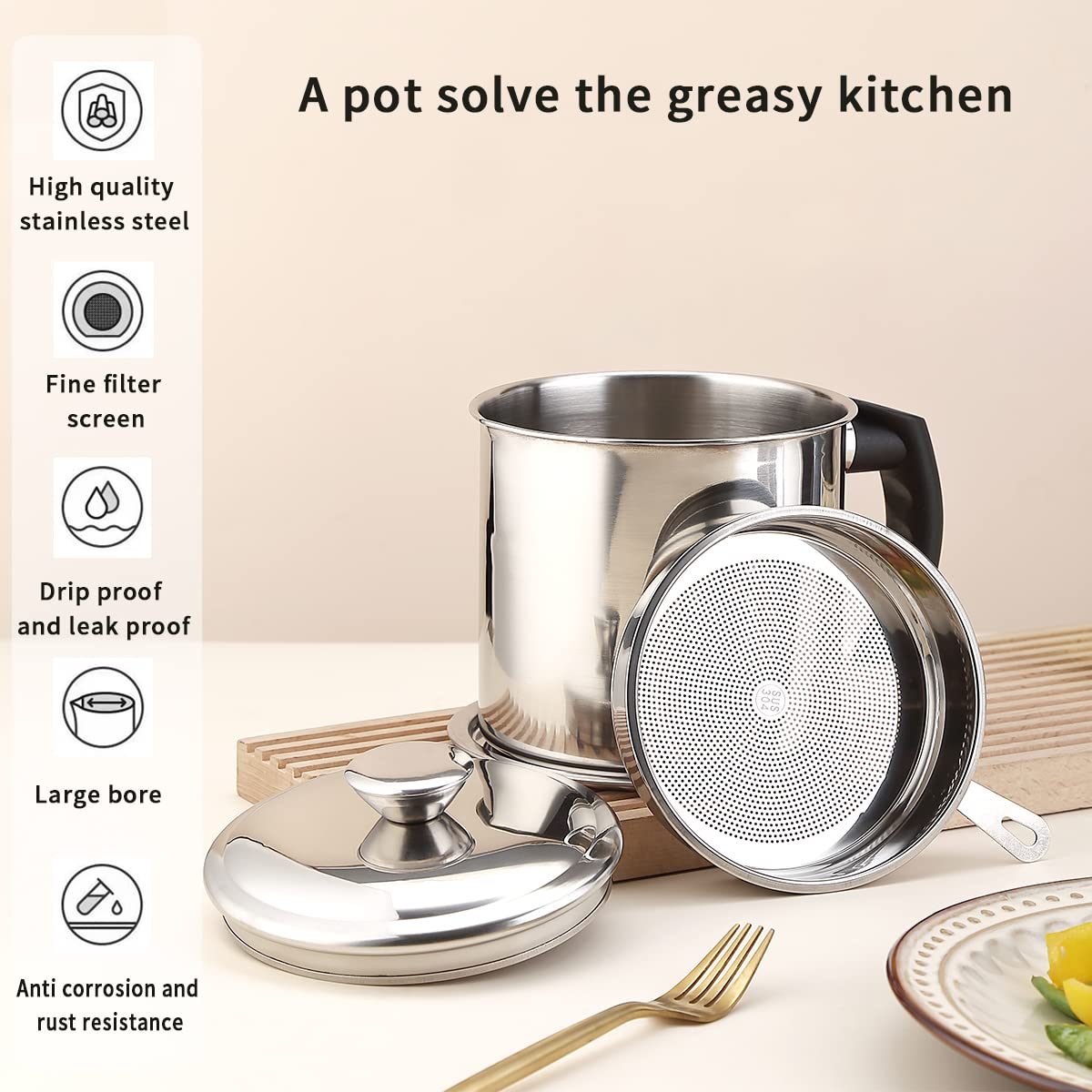 Kyraton Bacon Grease Container With Strainer, 48 oz Stainless Steel Oil Container, Pot Fat Storage With Lid, Easy Grip Handle Suitable For Storing Frying Oil And Cooking Grease 1. Silver Kyraton