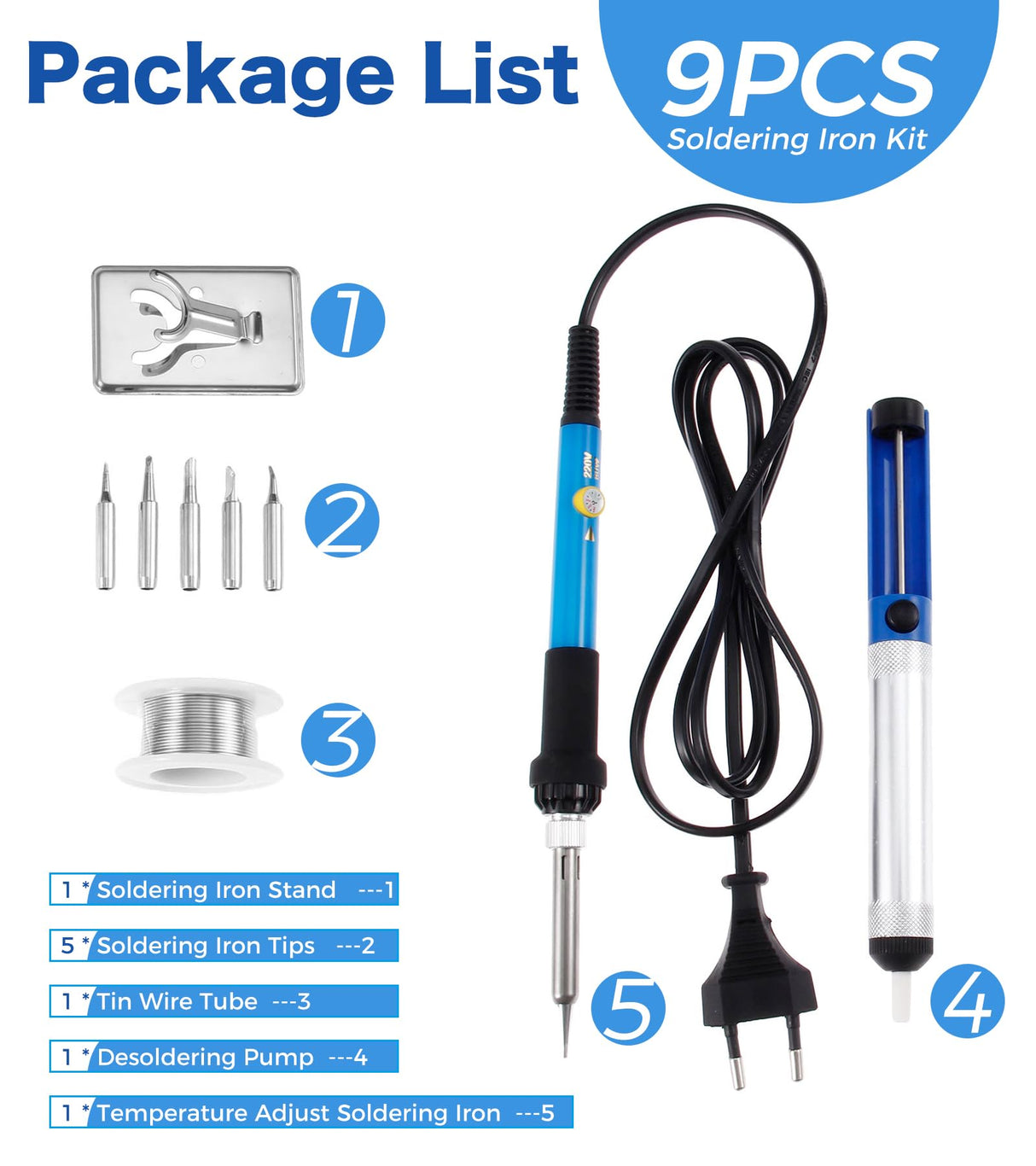 Hicello Soldering Iron Kit, 60W 220V Adjustable Temperature Welding Tool, including 5PCS Replacement Tips, Temperature Adjust Soldering Iron, Desoldering Pump, Tin Wire Tube, Soldering Iron Stand Hicello