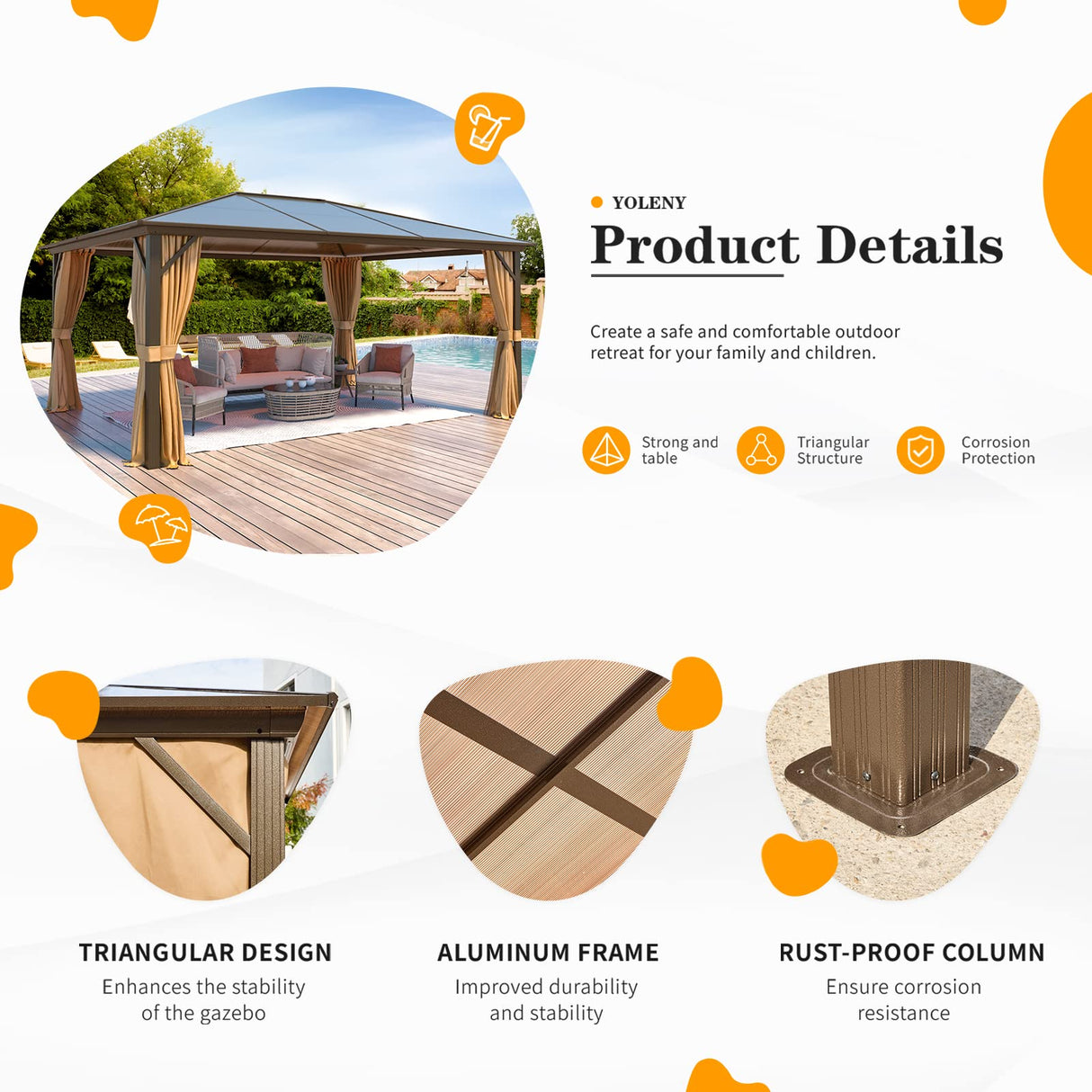 YOLENY 12'x16' Hardtop Gazebo, Outdoor Polycarbonate Roof Canopy, Aluminum Frame Permanent Pavilion with Curtains and Netting, Sunshade for Garden, Patio, Lawns, Khaki YOLENY