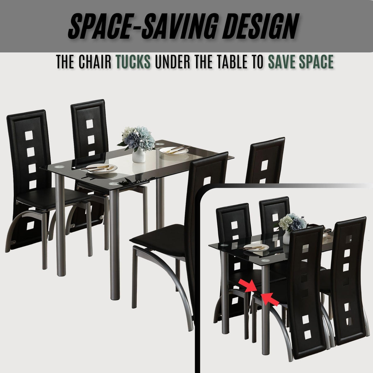 Karl home 5-Piece Dining Table Set with 1 Glass Dining Table and 4 PVC Chairs, Modern Dining Table Set for Kitchen & Breakfast Dining Living Room, Space Saving Karl home