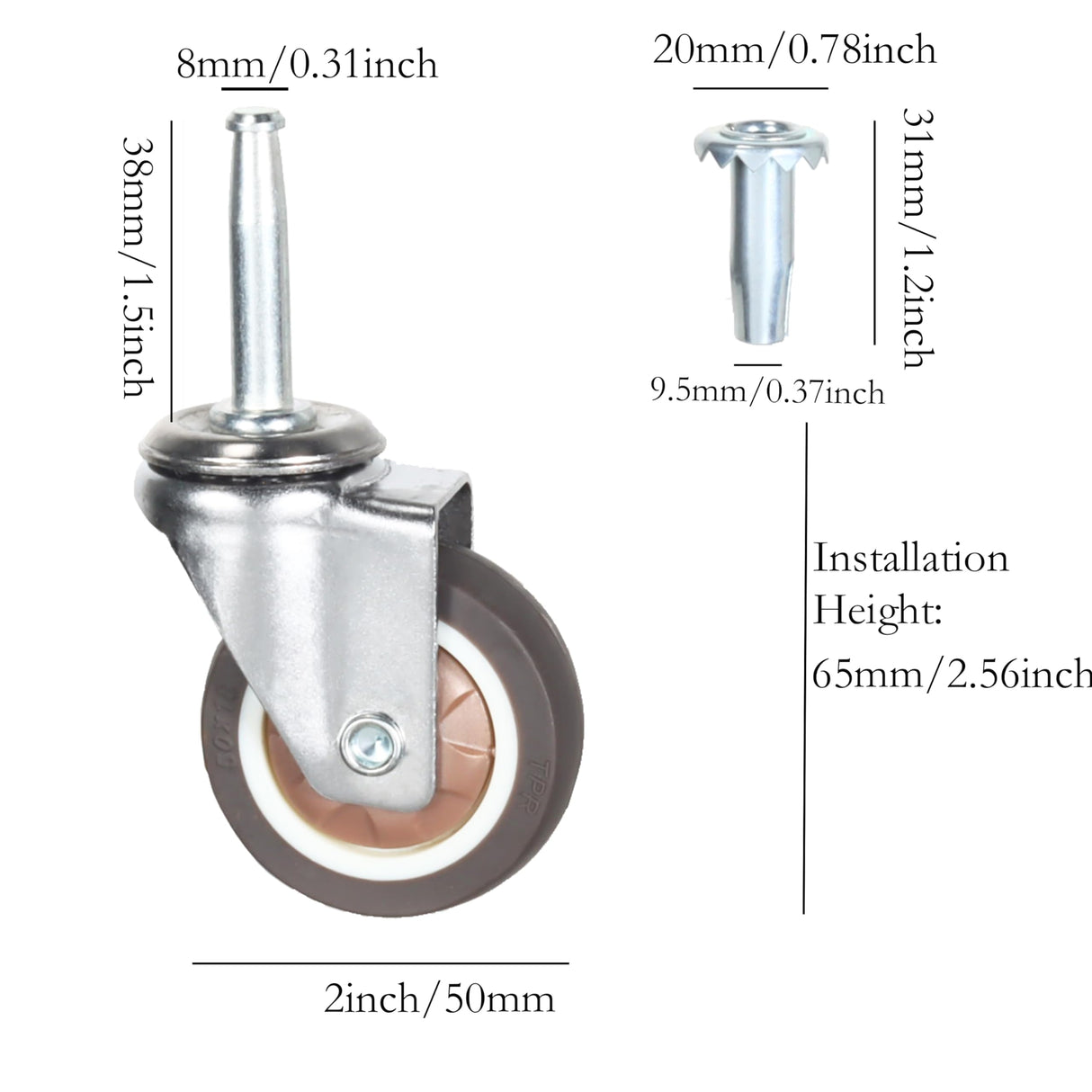 Stem Caster Wheels with 5/16" x 1-1/2" (8 x 38mm) Stem Sockets TPR Replacement Castors Swivel Casters for Carts, Furniture, Dolly, Workbench (2.0 inch Without Brakes) YEWEKE
