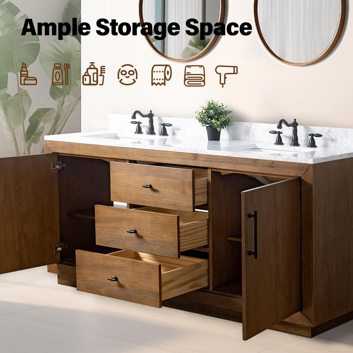 Vanity Art 72 inch Double Sink Bathroom Vanity, Modern Wood Bath Vanity with Carrara Marble Top, Vanity Cabinet with Doors, Removable Shelf, Solid Wood Frame, Tan, VA7072DE Vanity Art