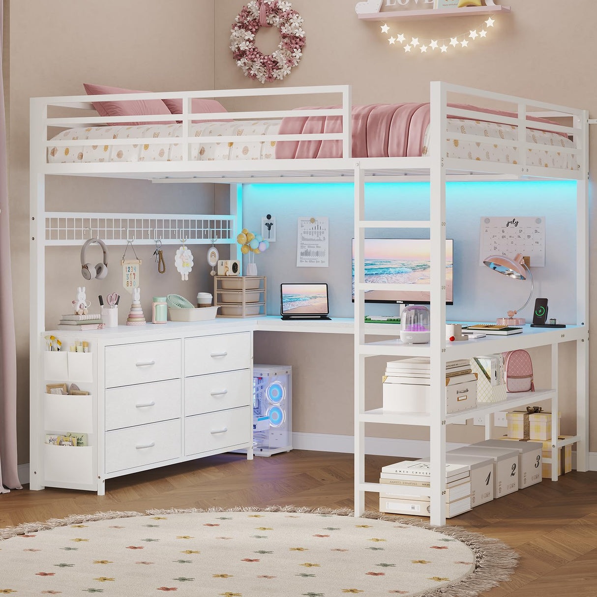 ADORNEVE Loft Bed Full Size with U-Shaped Desk, 6 Storage Drawers, Power Outlet, LED Metal Loft Bed with 2 Storage Shelves, Bed with Safety Guardrail & Ladders,Space-Saving,White ADORNEVE