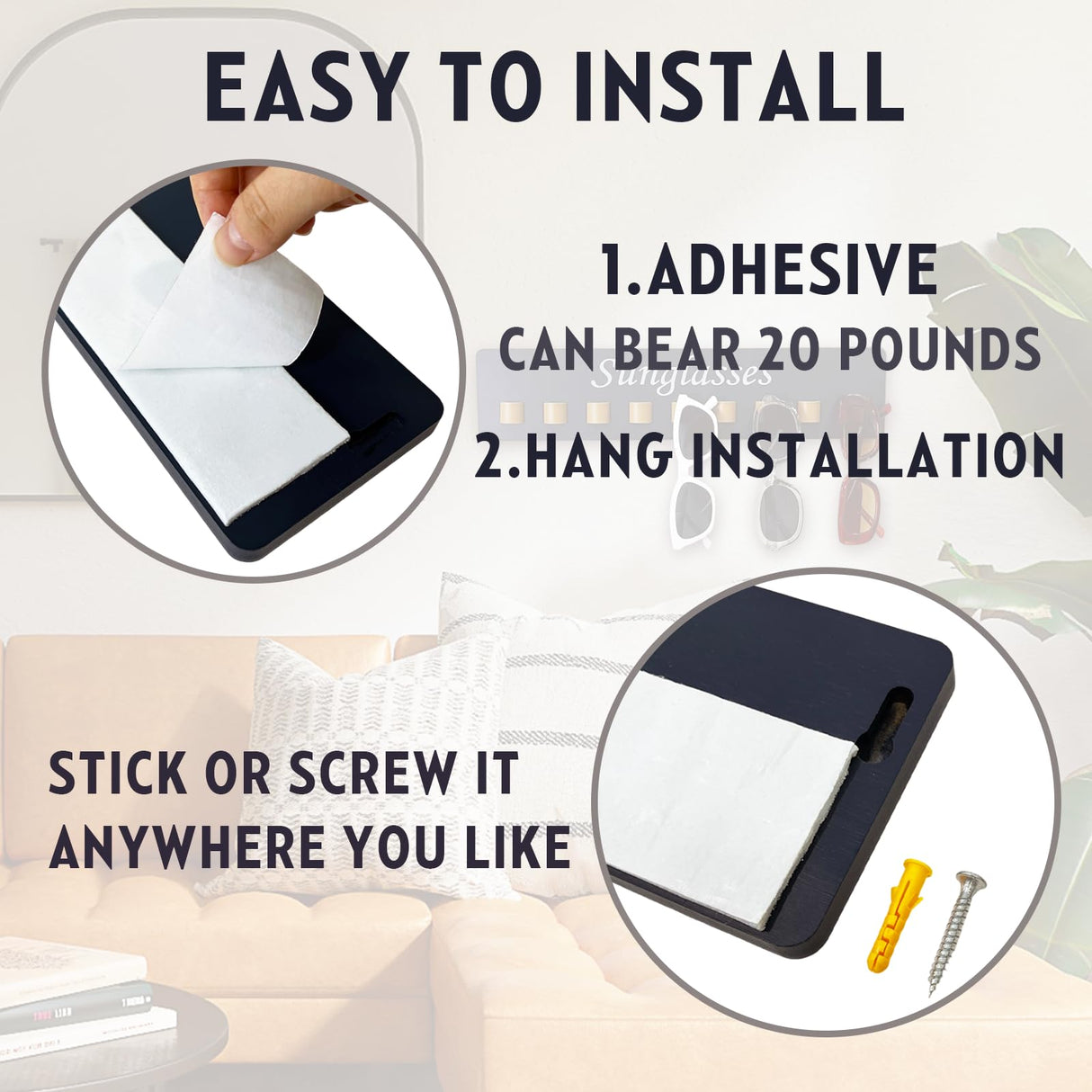 Sunglasses Holder Organizer Eyeglasses Holder Stand Wood Glasses Storage Organizer for Wall Sunglasses Display for Multiple Glasses for Women, Men, Family Bedroom, Entryway (Gray-1pcs-long) Fippkargo