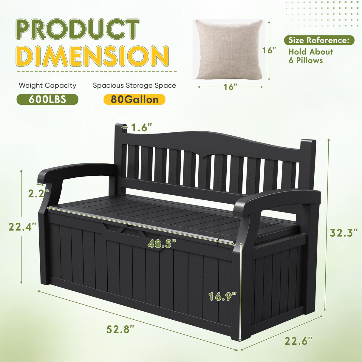 Greesum 80 Gallon Storage Bench Outdoor Deck Box with Armrest, Patio Furniture,Lockable, Waterproof and UV Resistant, Suitable for Garden, Pool, Black Greesum