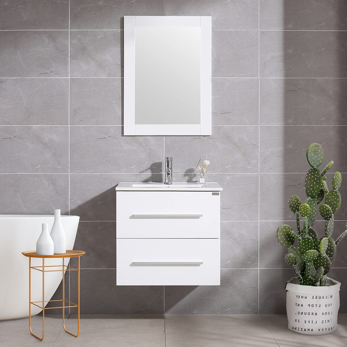 wonline 24" White Wall Mounted Bathroom Vanity Set Two Drawers Storage Cabinet with Ceramic Vessel Sink and Mirror Combo Chrome Faucet wonline