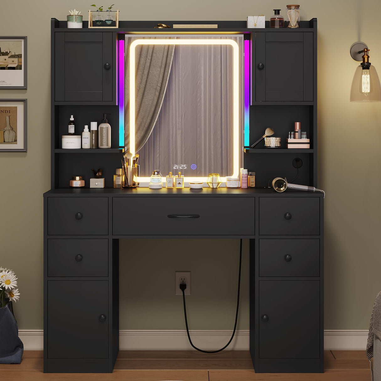 Tiptiper Large Makeup Vanity Desk with Mirror and Lights, Vanity Table with Charging Station & Time Display & Ambient Light, Makeup Table with Drawers & Storage Cabinets, Black Tiptiper