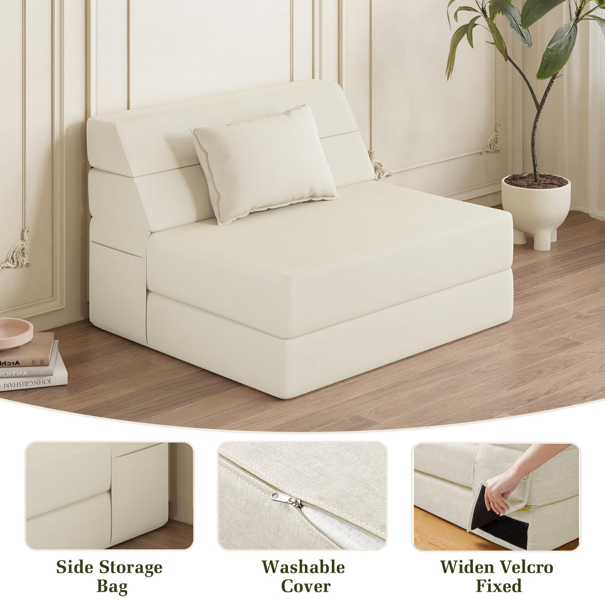 Luoxiao Folding Sofa Bed Convertible Sleeper Chair with Pillow Fold Out Couch Memory Foam Floor Mattress Portable Futon Sofa Bed Lazy Sofa for Living Room/Dorm/Guest Room/Home Office, Twin, Off White Luoxiao