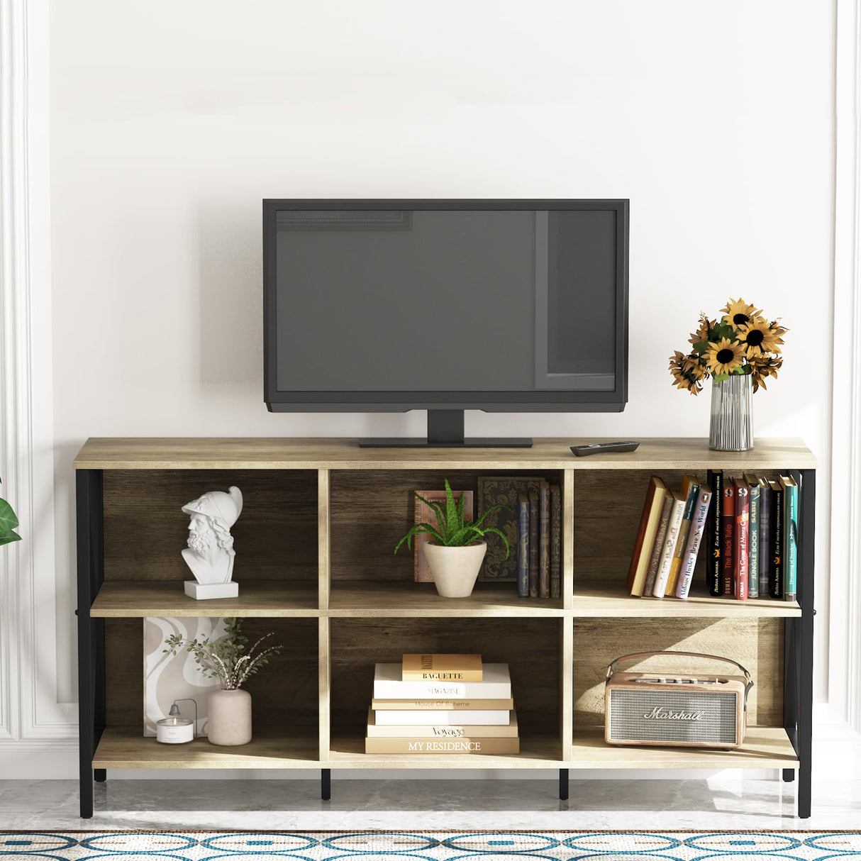 Horizontal Bookshelf Bookcase,6 Cube Storage Organizer with Open Shelf,47 Inch Industrial Low Wide Wood and Metal Cubby shelf,Long shelving unit for Home Office Living Room(Rustic Oak,6 Cube) Adompacat