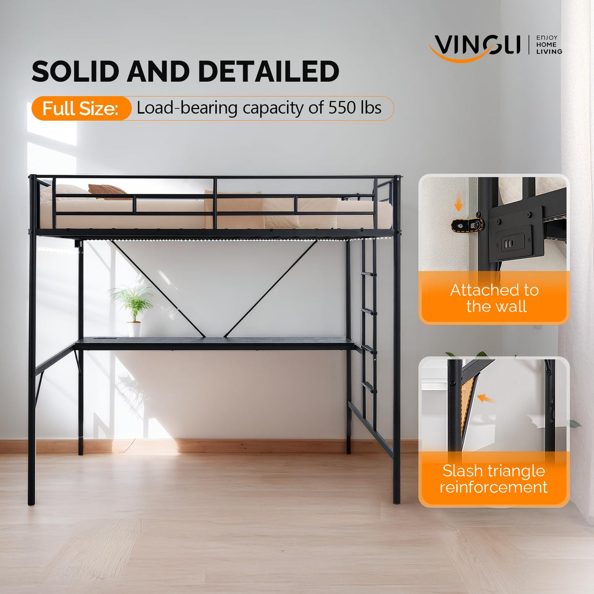 VINGLI Full Size Metal Loft Bunk Bed Frame for Kids Teens Adults with Desk Underneath,2 Charging Station,LED Lights,Safety Guardrail and Stair,No Box Spring Needed,Black VINGLI