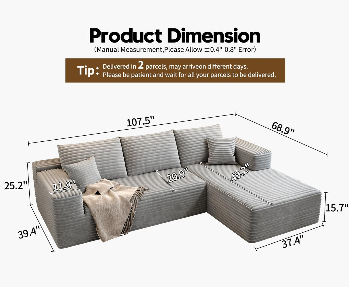 107.5" Cloud Modular Sectional Sofa Couch with L-Shape Chaise,Modern Minimalist Upholstered Couches for Living Room Bedroom,Deep Seat Corner Couch,No Assembly Required (Grey,Right Facing Chaise) Settab