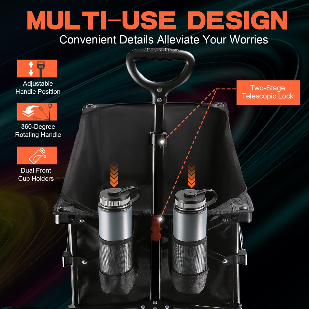 Navatiee Collapsible Folding Wagon, Wagon Cart Heavy Duty Foldable with Two Drink Holders, Utility Grocery Wagon for Camping Shopping Sports, S2, Black Navatiee