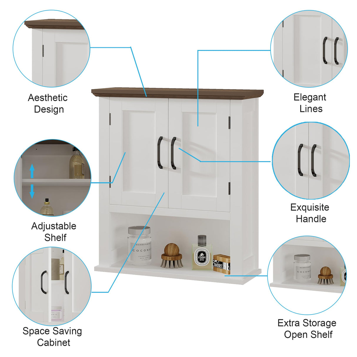 ChooChoo Farmhouse Wall Cabinet with Doors, Medicine Cabinet with Adjustable Shelves Over The Toilet, Rustic Cabinet Wall Mounted for Bathroom, Kitchen, Living Room, Antique White & Brown ChooChoo