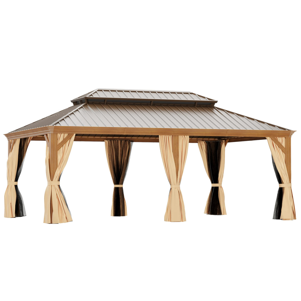 GAZEBEST 14' X 20' Hardtop Gazebo Outdoor Aluminum Patio Gazebo Double Roof Galvanized Steel Gazebo Canopy Wooden Finish Coated with Netting and Curtains,for Garden Patio,Patio Backyard,Deck and Lawns GAZEBEST