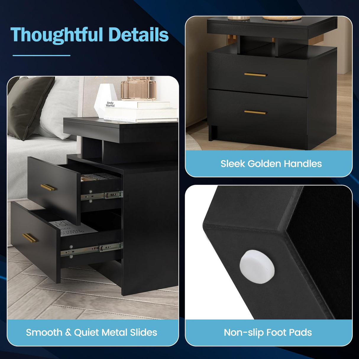 Giantex LED Nightstand, Modern Black Bedside Tables with 2 Storage Drawers, High Gloss End Side Table with Adjustable Light Mode, Smart Night Stand for Bedroom Giantex