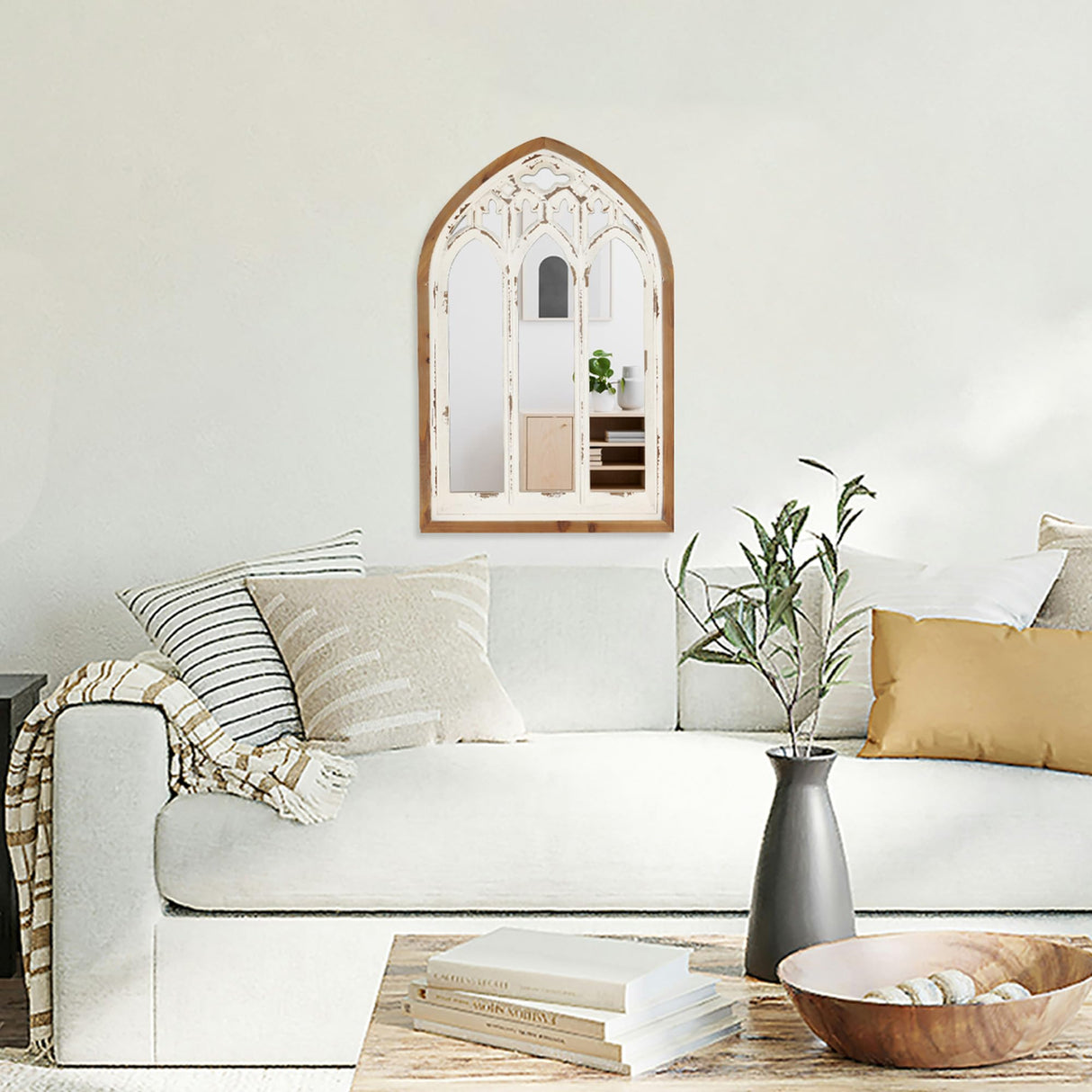 Synovana Arch Window Wall Mirror - Farmhouse Cathedral Wall Decor with Wooden Frame for Entryway Hallway Living Room - 16.14" x 1.38" x 25.2" Synovana