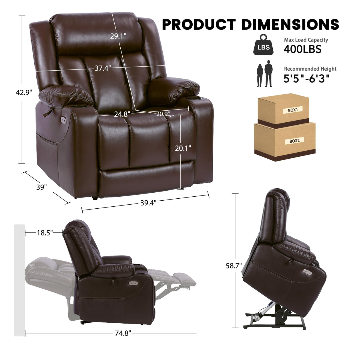 EONIX Dual Motor Oversized Power Lift Recliner Chair for Elderly, 400lbs Heavy Duty Leather Recliner with Massage and Heat, Big and Tall Lay Flat Lift Chair with Cup Holders, SLRY006063, Dark Brown EONIX