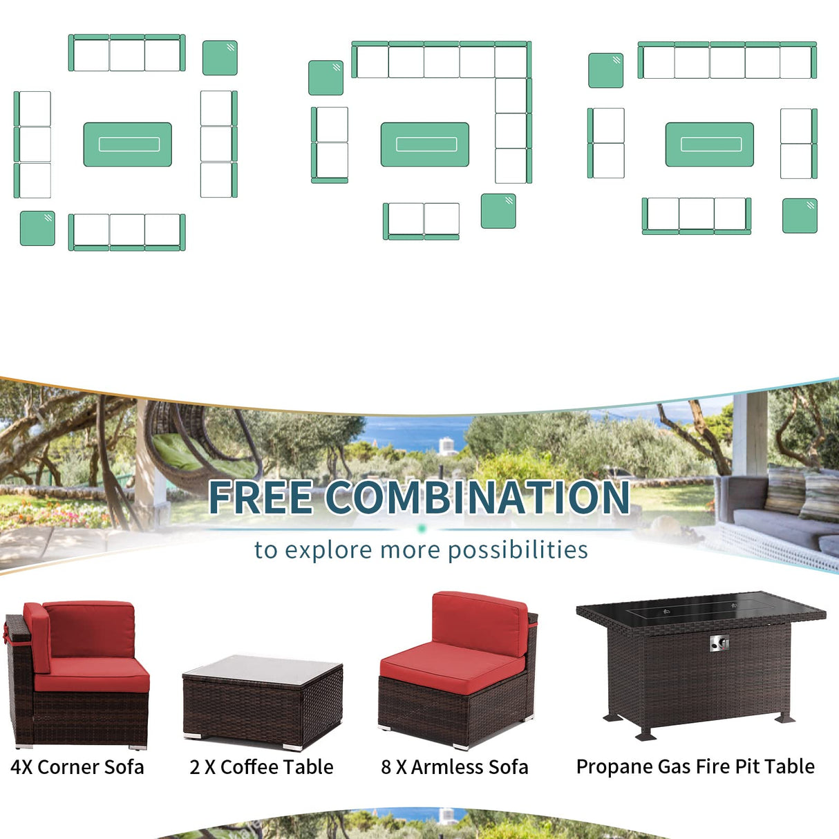 Amopatio Outdoor Patio Furniture Set with Gas Fire Pit Table, 15 Pieces Patio PE Wicker Pit Sectional Sofa, 44" Glass Gas Fire Patio Sectional Furniture with Burgundy Cushions, Coffee Tables, Covers Amopatio