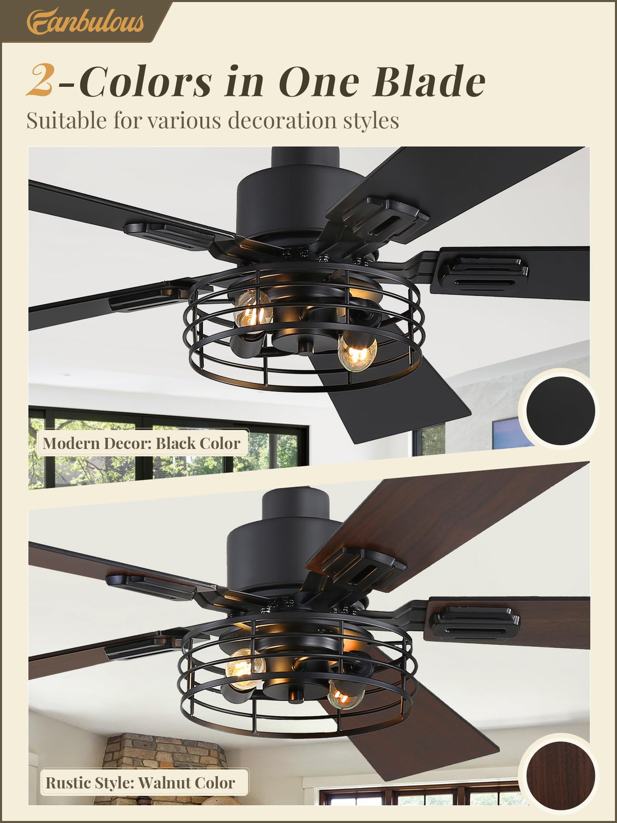 Fanbulous 2 Pack Farmhouse 42 Ceiling Fans with Lights, Black Industrial Caged Ceiling Fans for Bedroom Living Room, Double-Sided 5 Blades Rustic Ceiling Fan Fanbulous